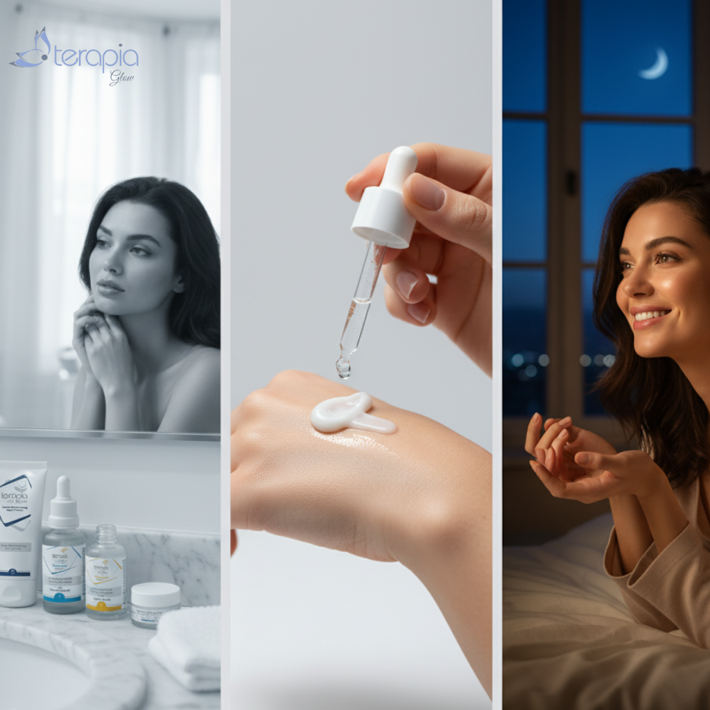 Collage of a woman applying skincare product, dropper with serum, and a woman smiling.