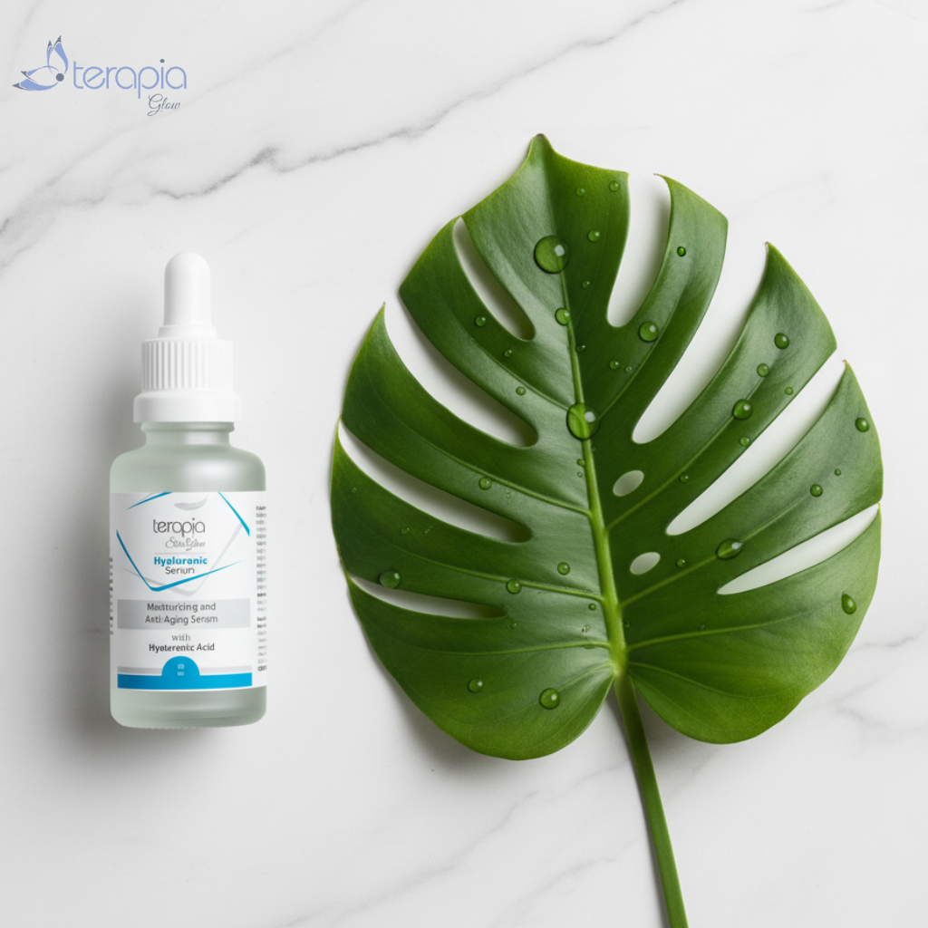 Bottle of Terapia hyaluronic serum skincare product with a large green leaf on a white background