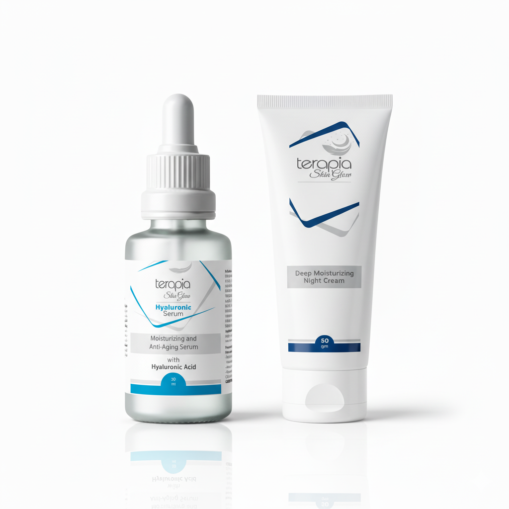 Hyaluronic serum bottle and Night cream tube on a white background