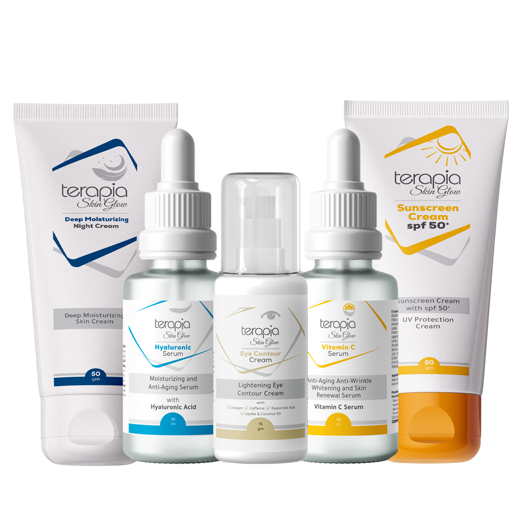 Collection of Terapia skincare products including creams, serums, and a sunscreen cream on a white background.