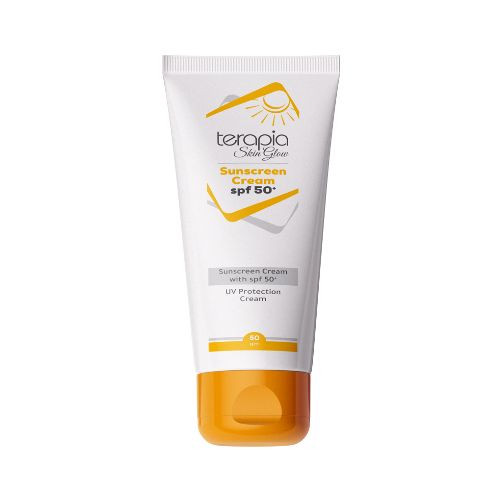 Sunscreen cream tube with 'terapia' branding on a white background