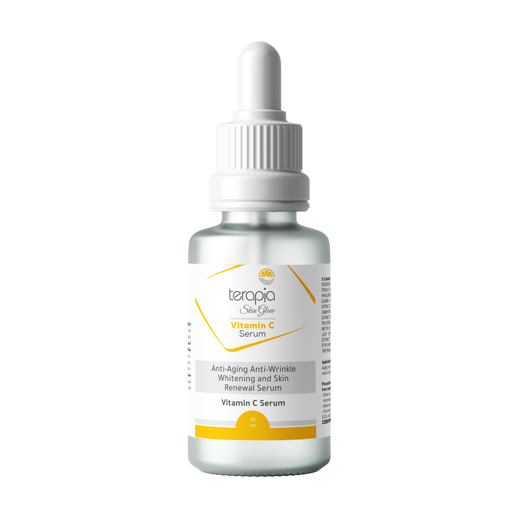 Vitamin C serum bottle with dropper on a white background