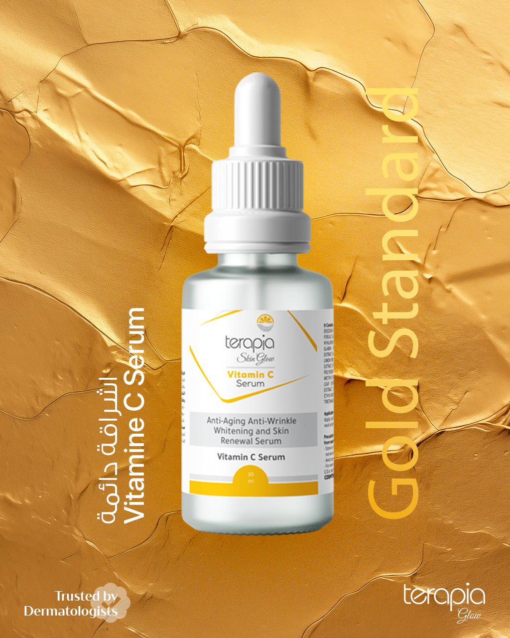 Terapia Vitamin C Serum bottle on a gold textured background